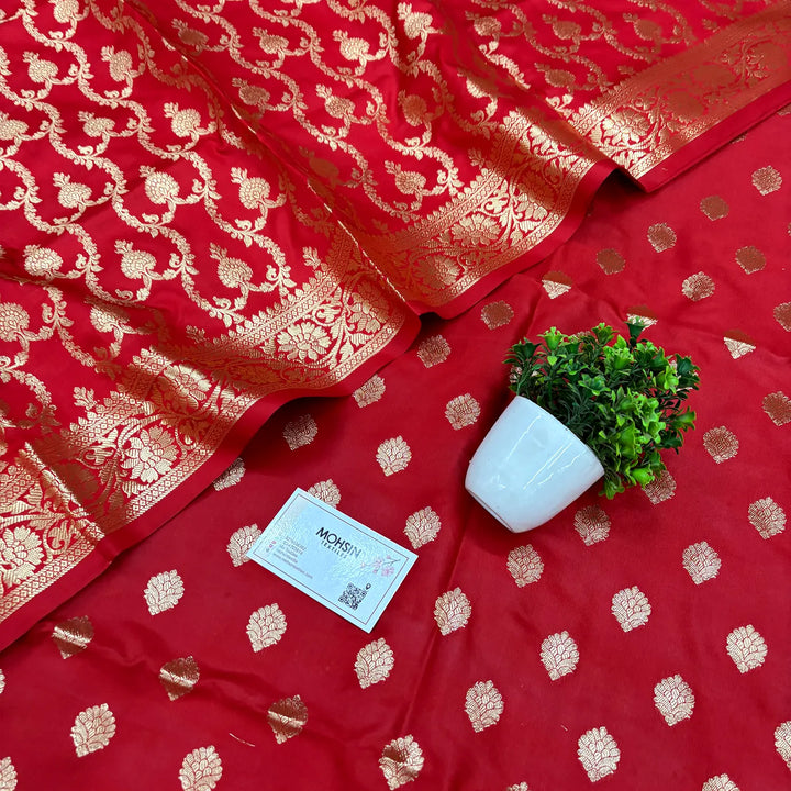 Red Kiyari Buti Satin Silk Banarasi Suit