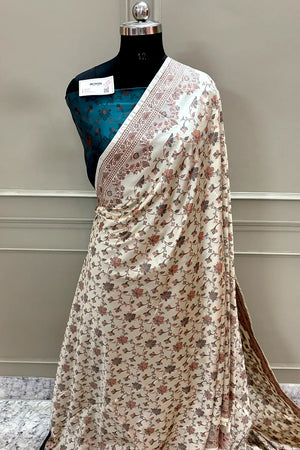 Beige and Teal Resham Silk Banarasi Saree