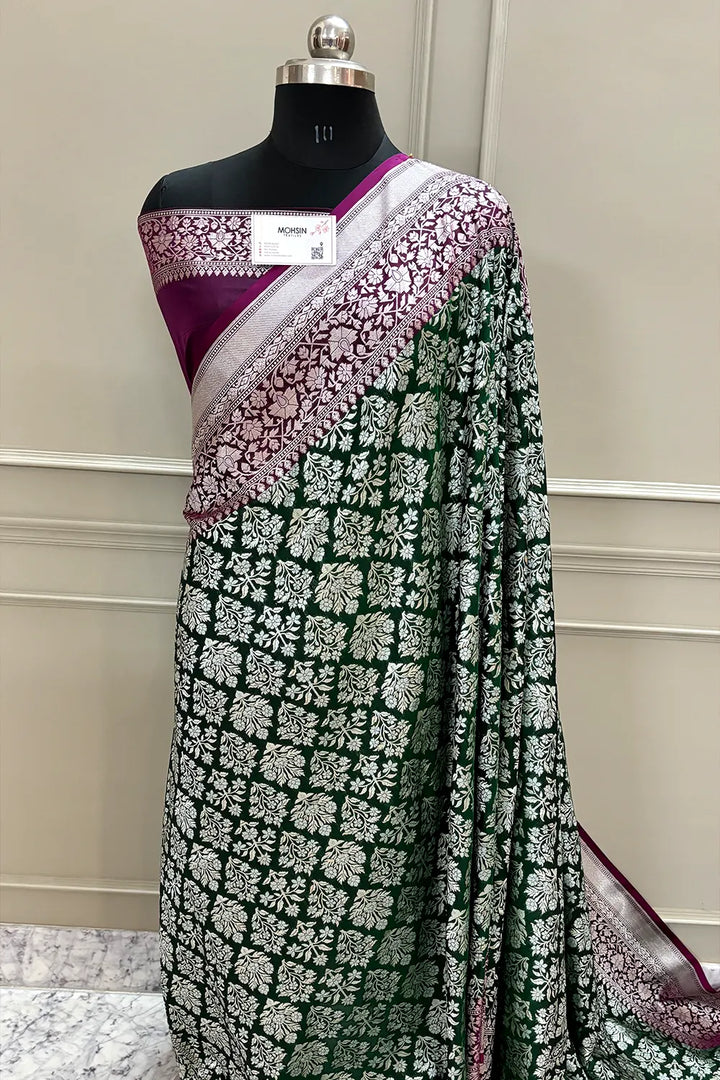 Bottle Green and Purple Temple Buta Katan Silk Banarasi Saree