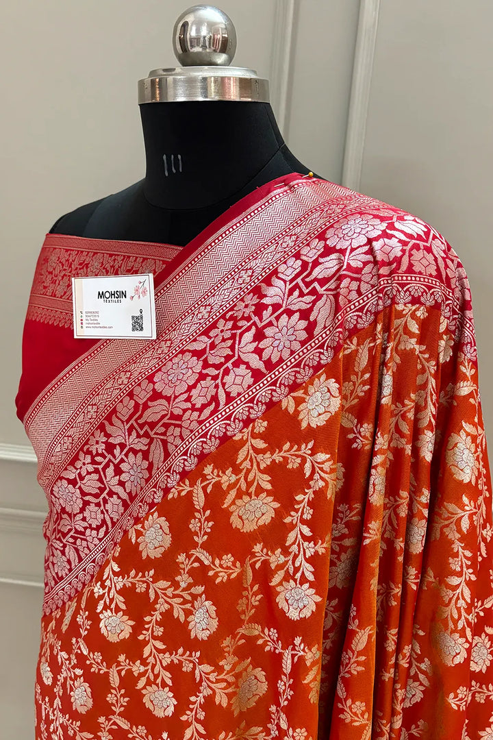 Orange and Red Maharani Jaal Crepe Silk Banarasi Saree