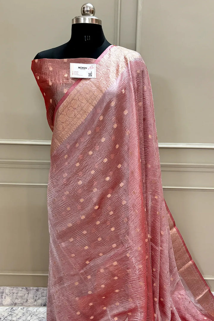 Peach Dollar Buti Crush Tissue Silk Banarasi Saree