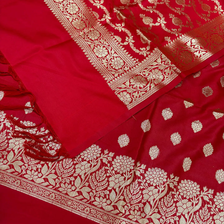 Red Kiyari Buti Satin Silk Banarasi Suit