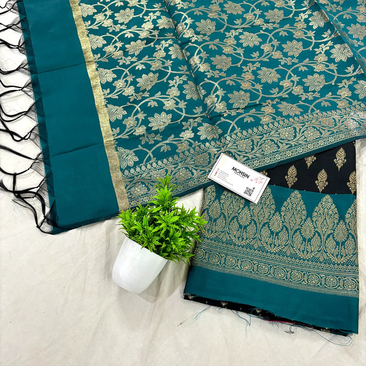 Black and Teal Parvat Buti Satin Silk Banarasi Suit