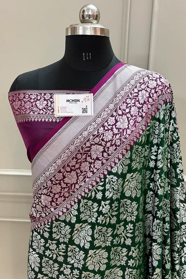 Bottle Green and Purple Temple Buta Katan Silk Banarasi Saree