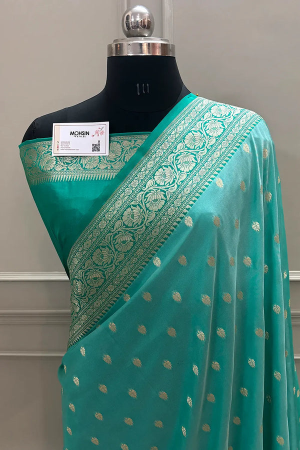 Light Sea Green and Sea Green Rudraksha Buti Katan Silk Banarasi Saree