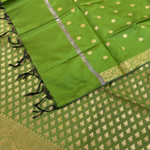 Mehendi Chidiya Buti Satin Silk Banarasi Suit