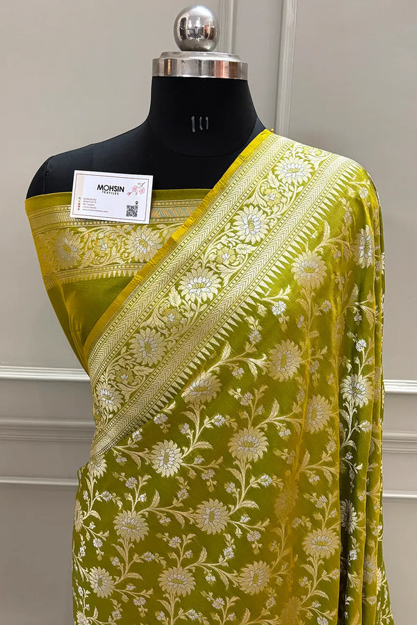 Mehendi Ganga Jamuna Crepe Silk Banarasi Saree