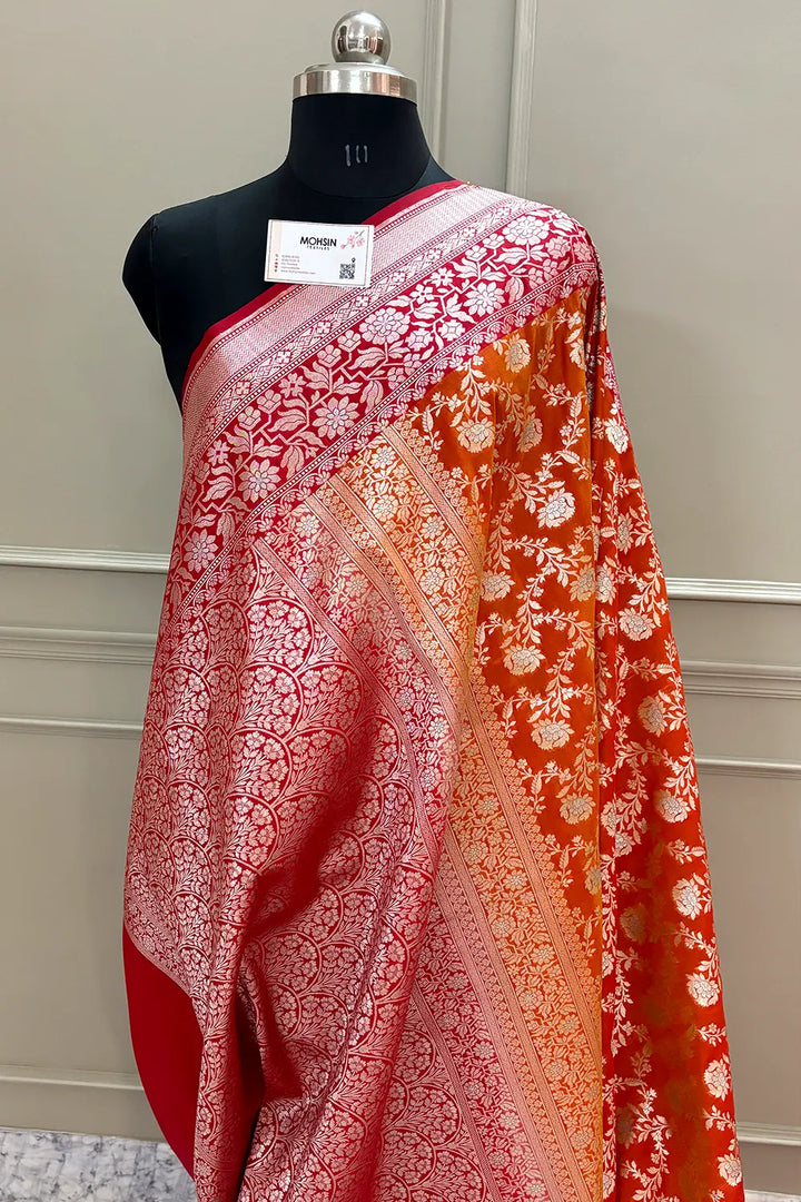 Orange and Red Maharani Jaal Crepe Silk Banarasi Saree