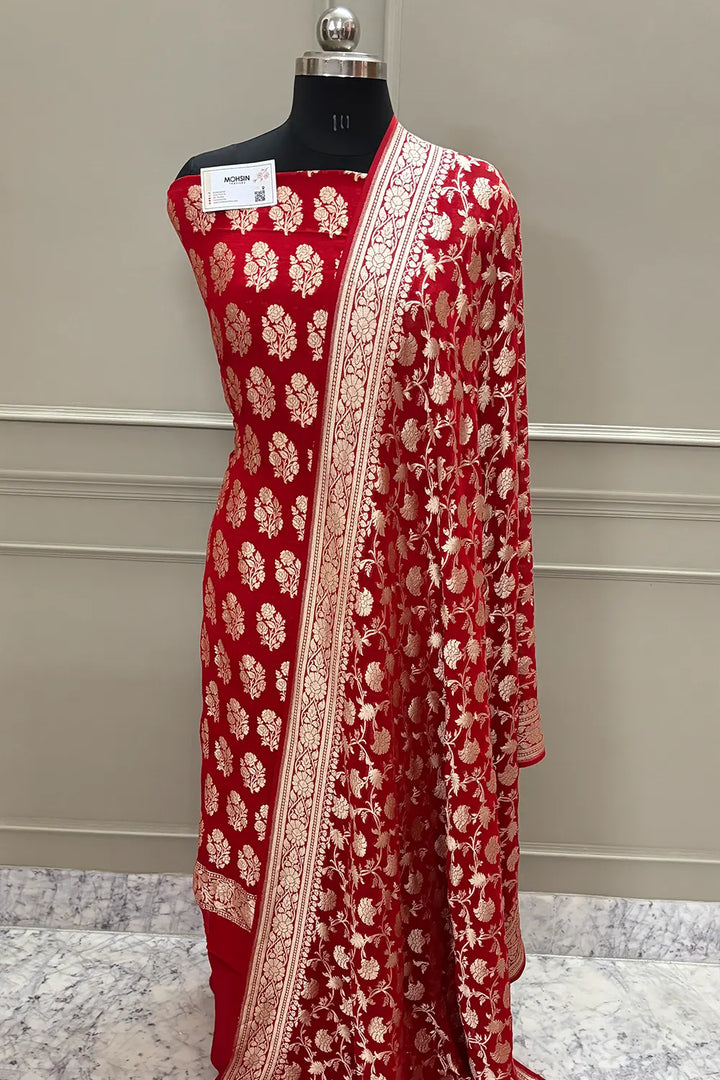 Red Guldasta Pure Georgette Silk Banarasi Suit