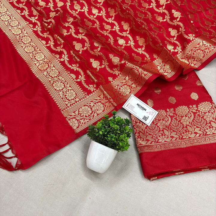 Red Kiyari Buti Satin Silk Banarasi Suit