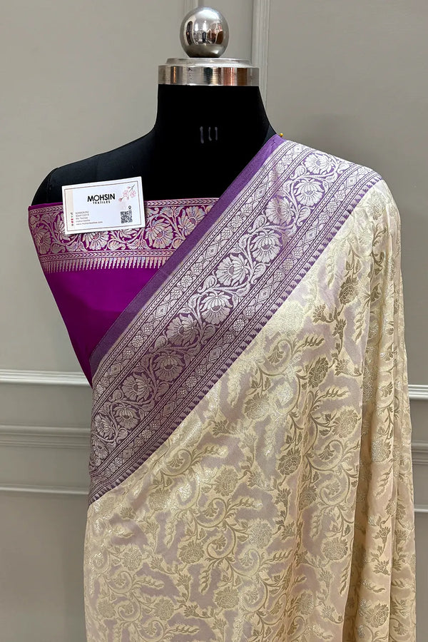 White and Magenta Gulabi Jaal Katan Silk Banarasi Saree