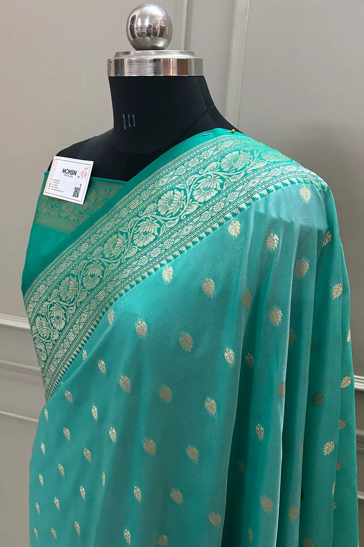 Light Sea Green and Sea Green Rudraksha Buti Katan Silk Banarasi Saree