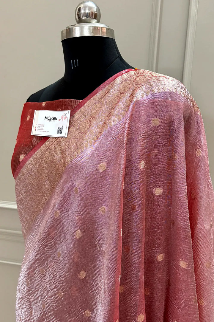 Peach Dollar Buti Crush Tissue Silk Banarasi Saree