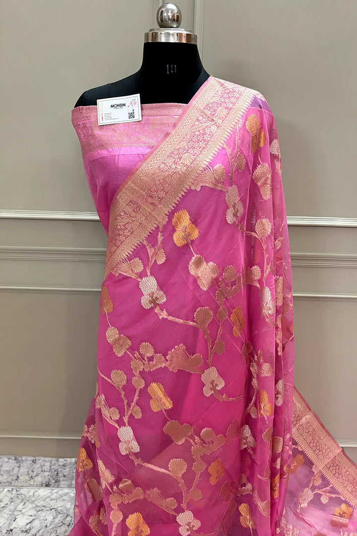 Baby Pink Golden Zari Organza Silk Banarasi Saree