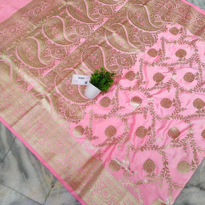 Baby Pink Handloom Pure Katan Silk Banarasi Saree