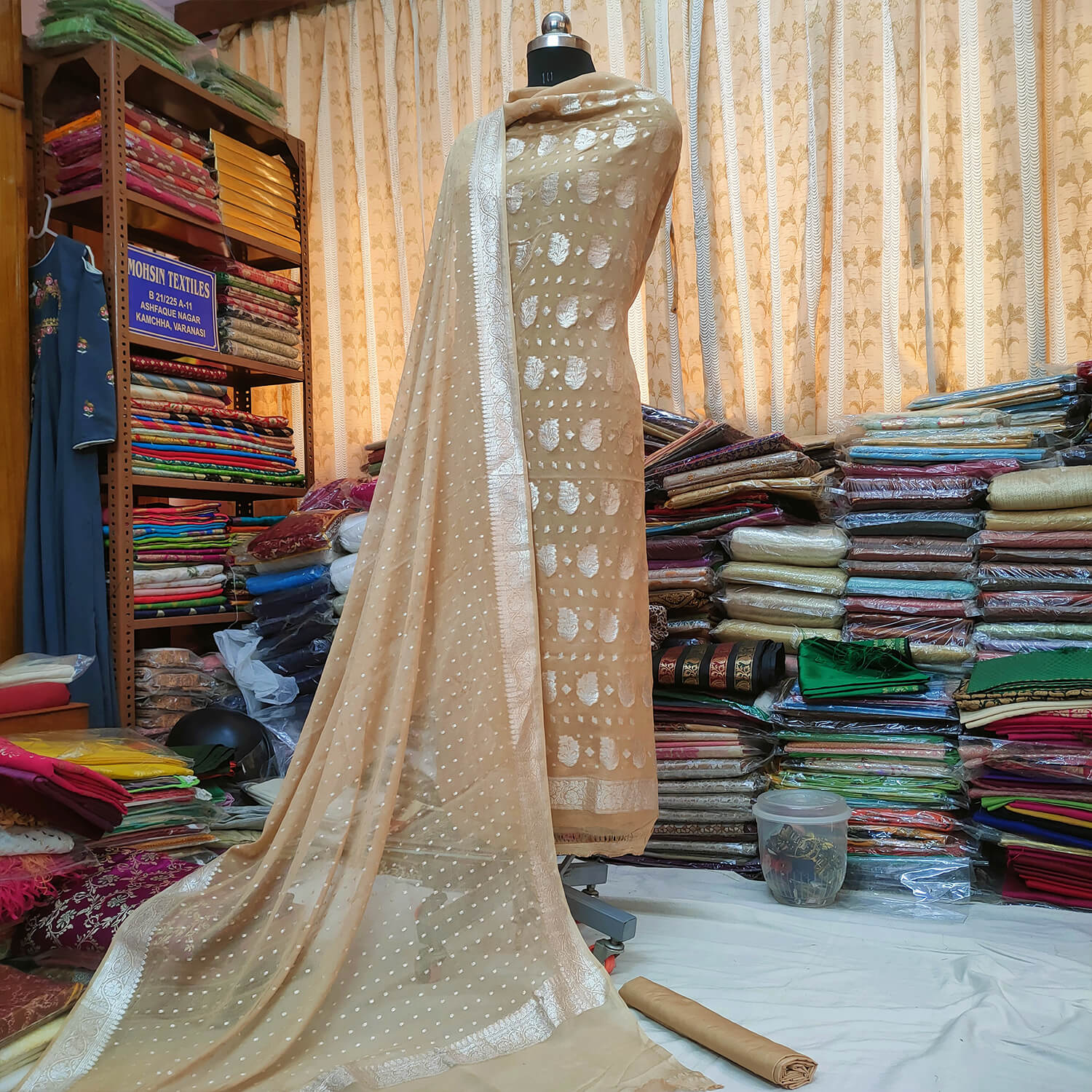 Beige Silver Zari Handloom Georgette Banarasi Suit