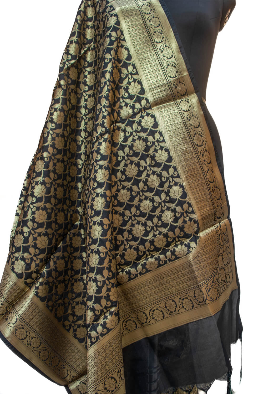 Black Handloom Pure Katan Silk Banarasi Dupatta