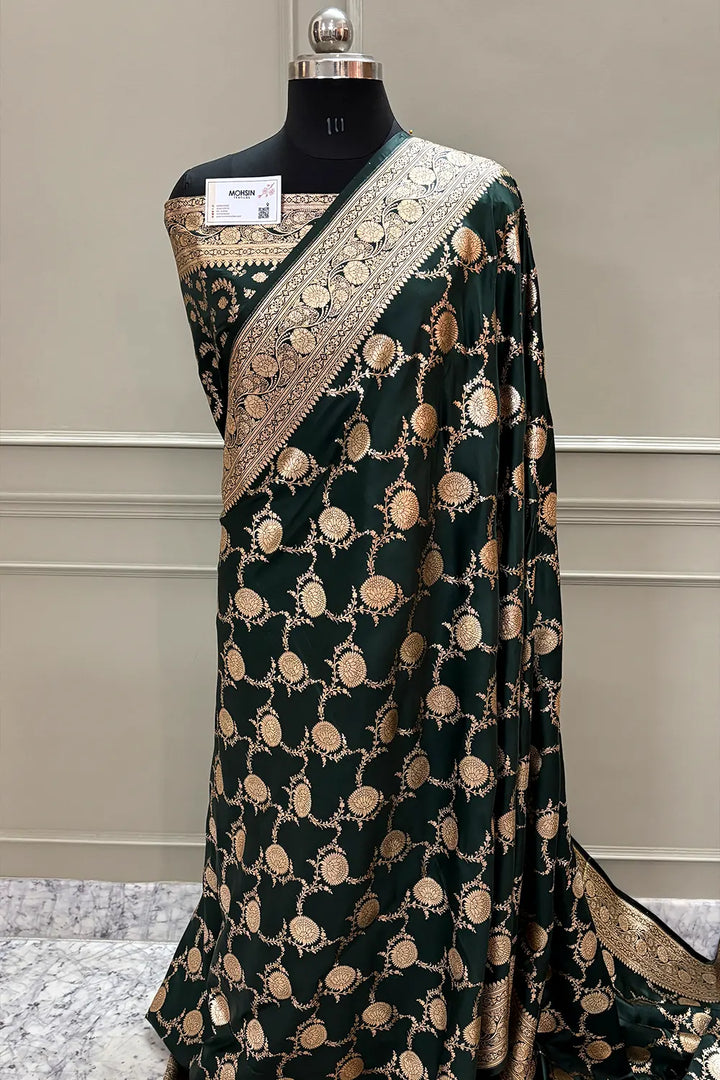 Bottle Green Golden Zari Katan Silk Banarasi Saree