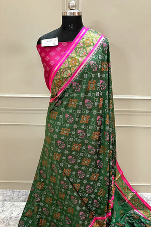 Bottle Green and Pink Resham Zari Banarasi Silk Saree