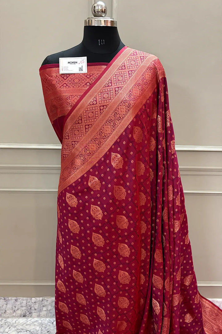 Dark Magenta Antique Zari Satin Silk Banarasi Saree