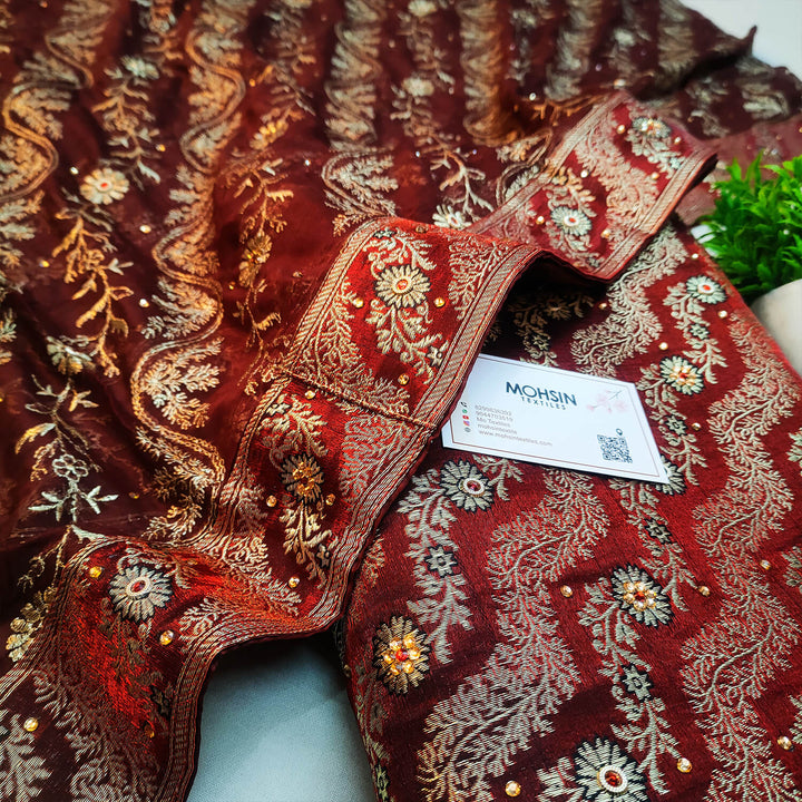 Dark Maroon Leheriya Stone Kimkhab Silk Banarasi Gharara