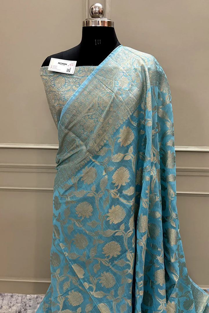 Firozi Golden Zari Chanderi Silk Banarasi Saree