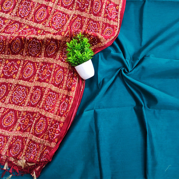 Firozi Plain Banarasi Silk Suit With Bandhej Printed Dupatta