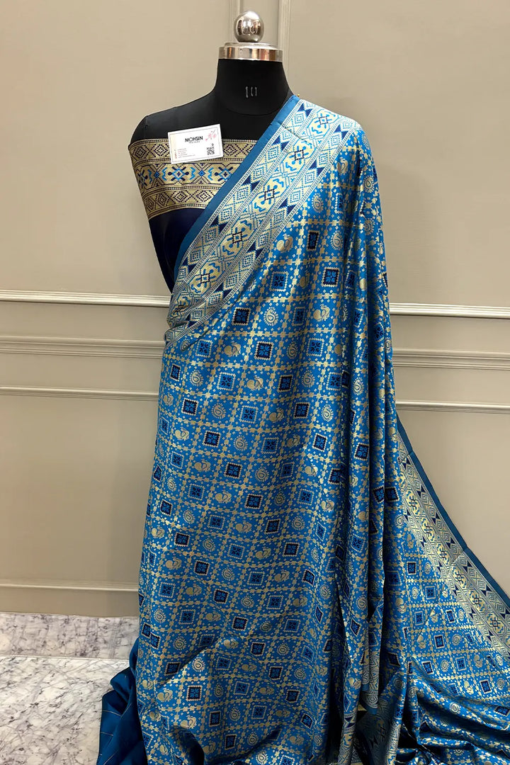 Firozi and Navy Blue Silky Banarasi Saree