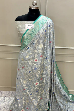 Grey and Sea Green Golden Zari Tussar Silk Banarasi Saree