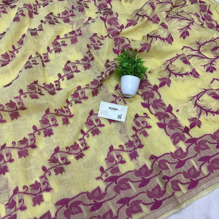 Light Yellow Resham Zari Linen Silk Banarasi Saree