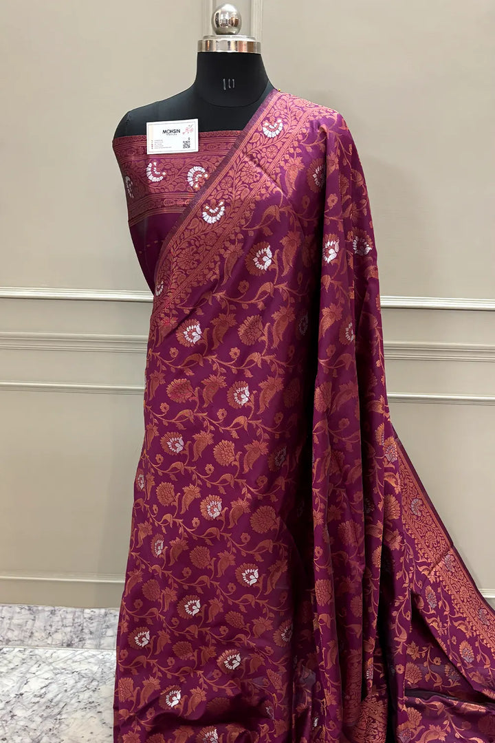 Magenta Antique Zari Satin Silk Banarasi Saree