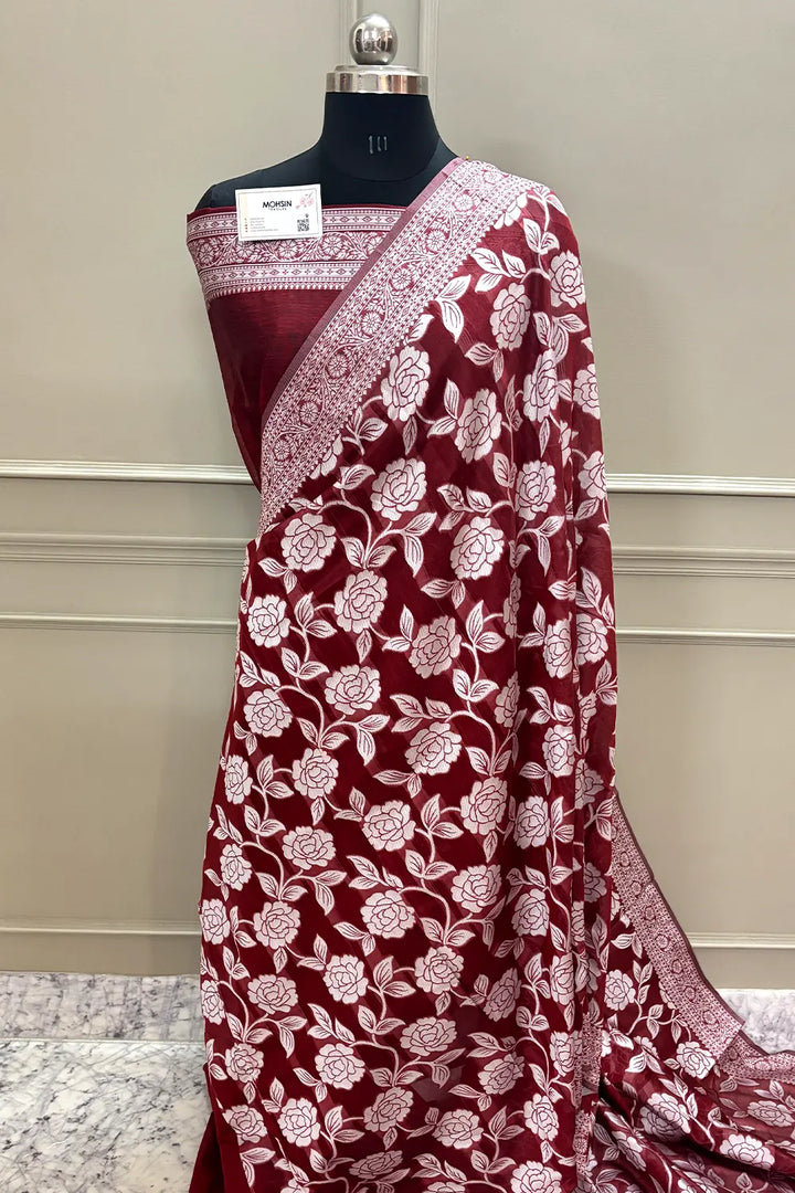 Maroon Resham Zari Cotton Silk Banarasi Saree