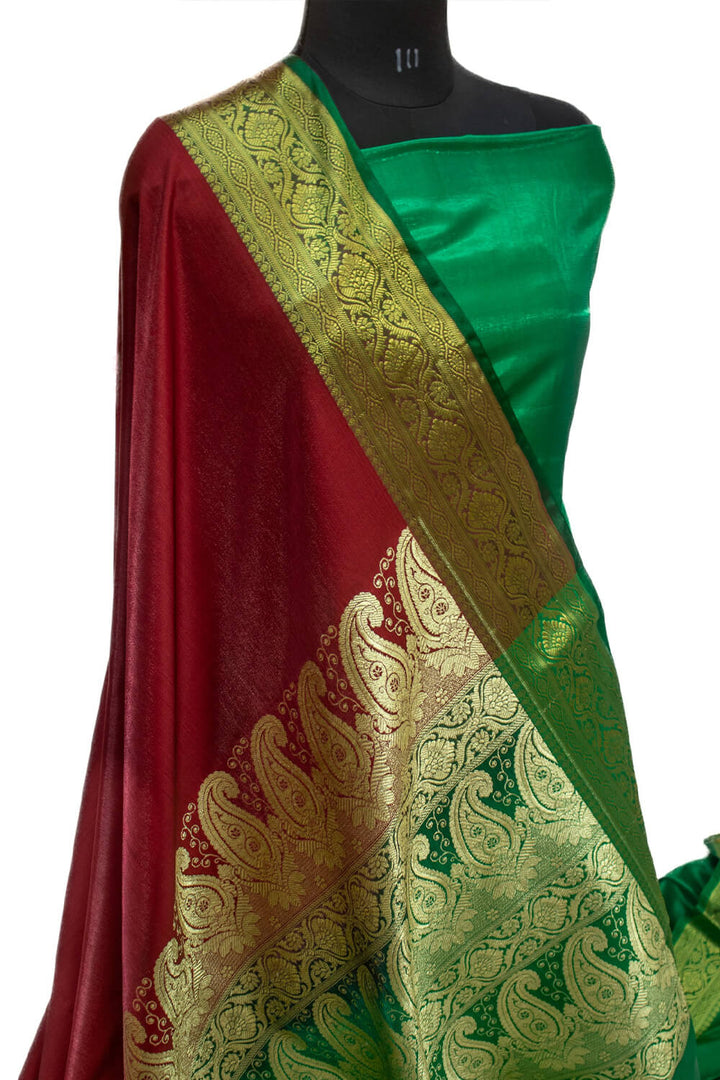 Maroon and Green Plain Satin Silk Banarasi Saree