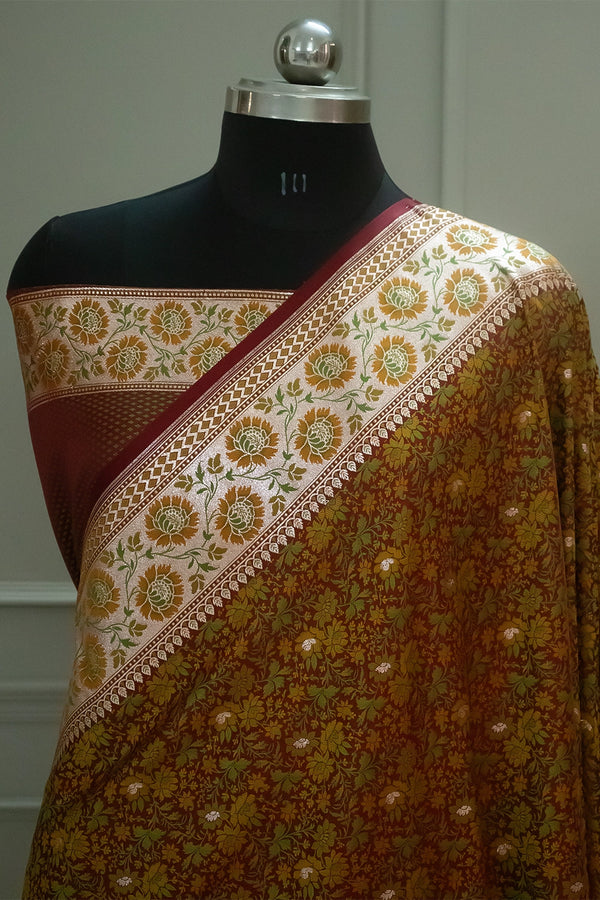 Maroon and Rust Jungli Jaal Katan Silk Banarasi Saree