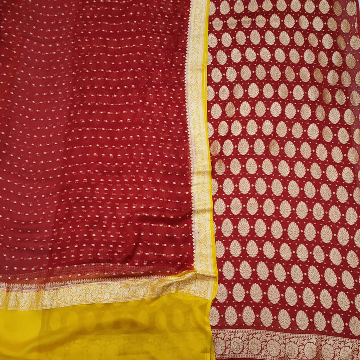 Maroon and Yellow Golden Zari Banarasi Georgette Silk Salwar Suit