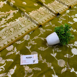 Mehendi Golden Zari Katan Silk Banarasi Suit