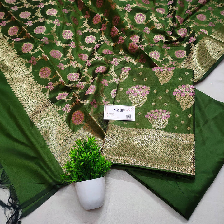 Mehendi Golden Zari Pure Katan Silk Banarasi Suit