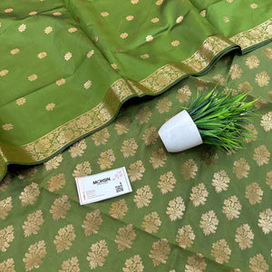 Mehendi Tri Phool Satin Silk Banarasi Suit