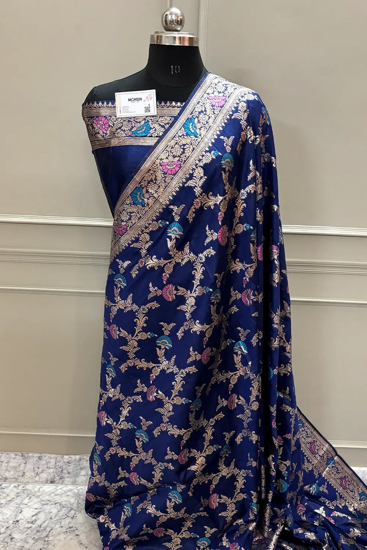 Navy Blue Golden Zari Meena Organza Silk Banarasi Saree