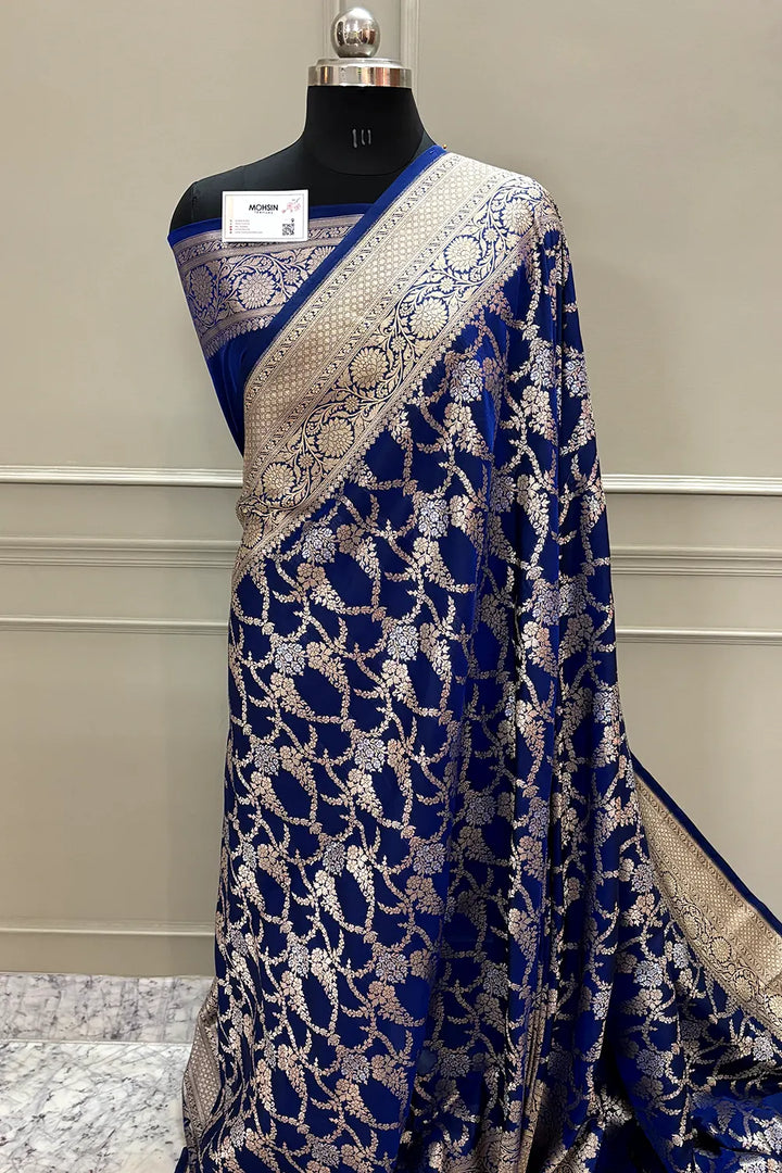 Navy Blue Gulista Jaal Katan Silk Banarasi Saree