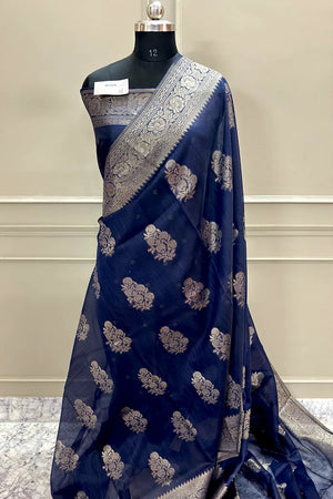 Navy Blue Resham Zari Cotton Silk Banarasi Saree