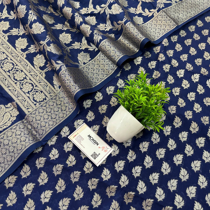 Navy Blue Tedhi Patti Katan Silk Banarasi Suit