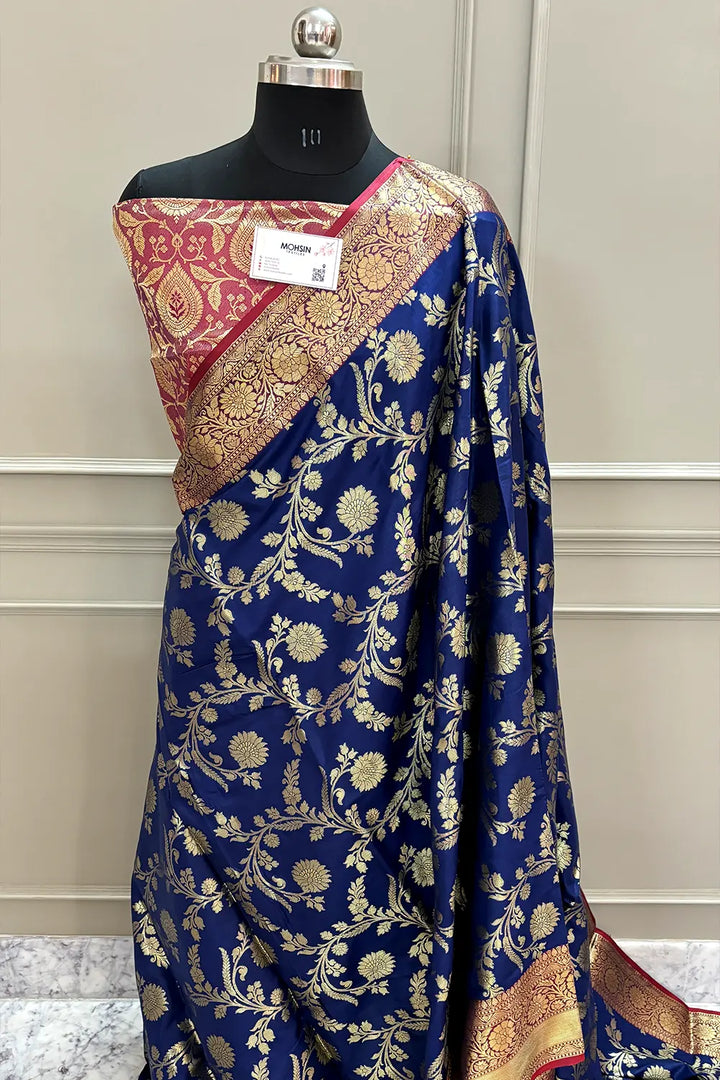 Navy Blue and Red Morpankhi Jaal Satin Silk Banarasi Saree