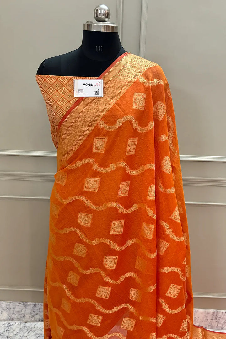 Orange Behti Ganga Chanderi Silk Banarasi Saree