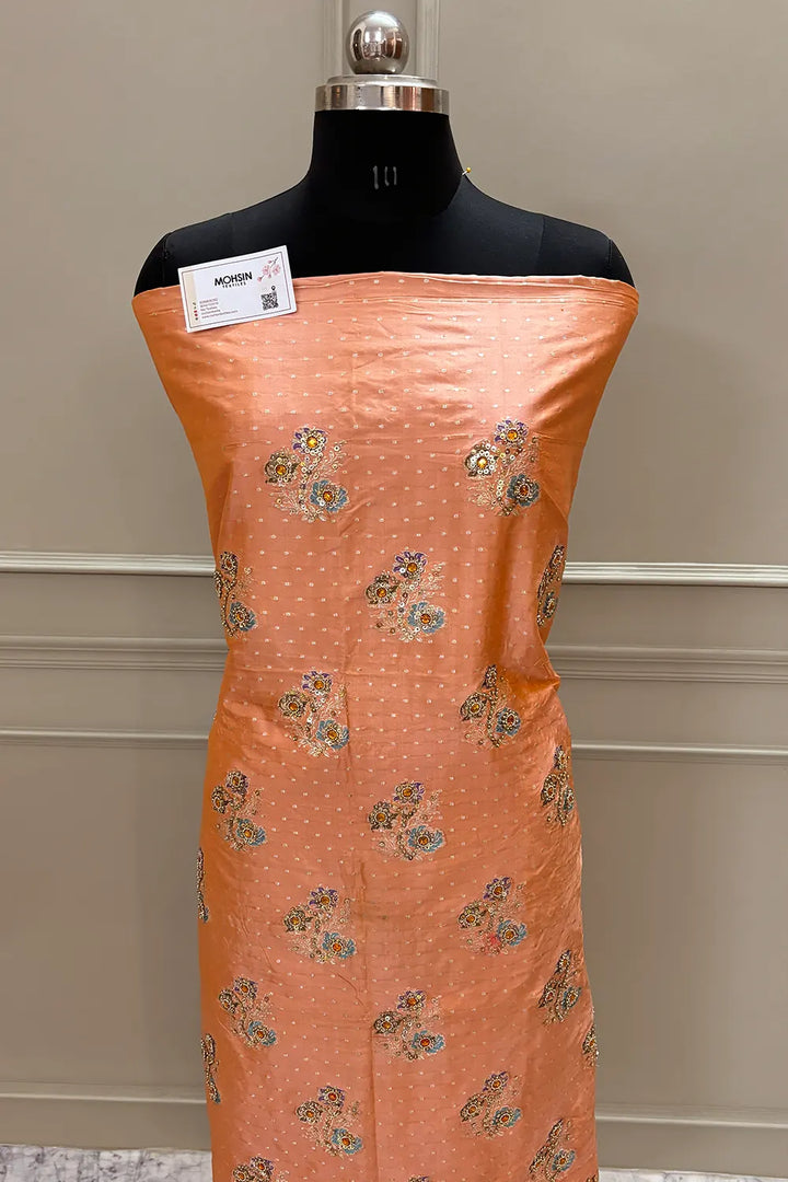 Orange Golden Zari Katan Silk Banarasi Suit