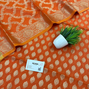 Orange Golden Zari Resham Silk Banarasi Suit