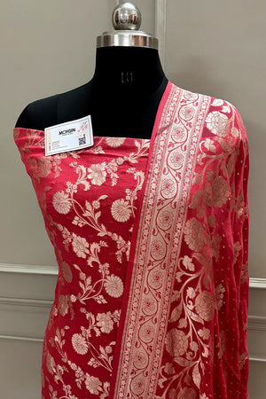 Peach Golden Zari Pure Georgette Silk Banarasi Suit