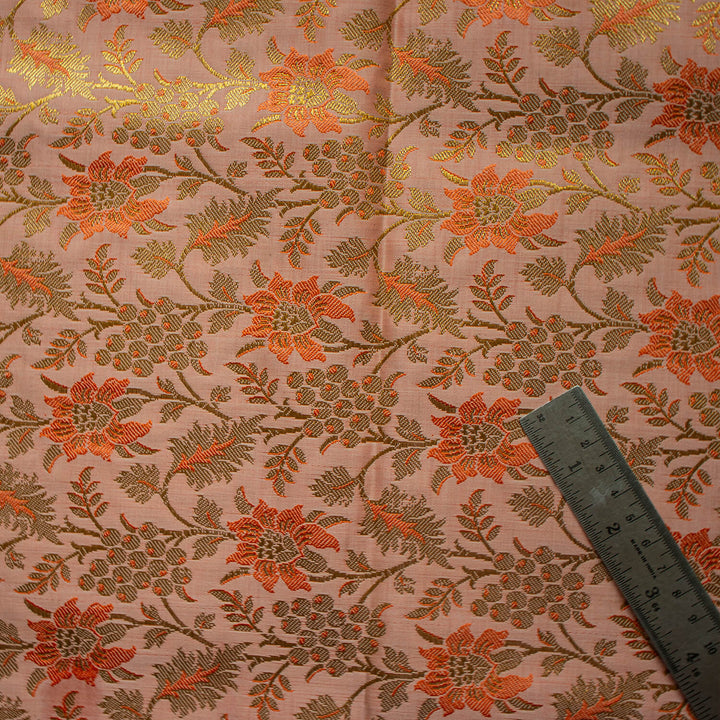 Peach Handloom Katan Brocade Silk Fabric