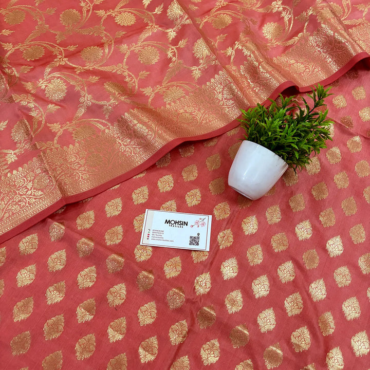 Peach Singhasan Buti Satin Silk Banarasi Suit