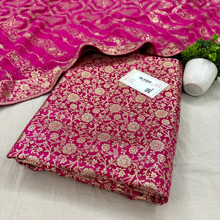 Pink Golden Zari Kimkhab Silk Banarasi Gharara